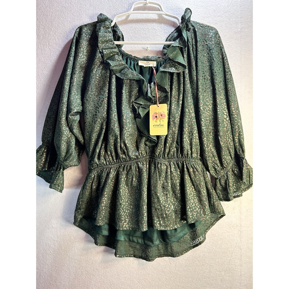 entro Women's M Green Leopard Animal Print Ruffle Peplum Round Neck 3/4 Blouse